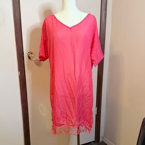 Pink V-Neck Bathing Suit Coverup with Fringe Hem